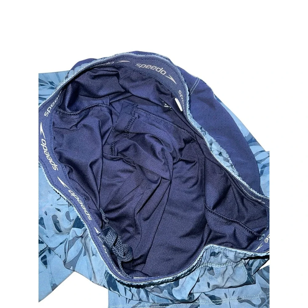 Speedo Swim Trunks Blue Floral Print Sz‎ Medium Drawstring Waist Pockets Lined